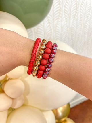 Deep Red Rubber, Crystal & Gold Stretch Bracelets