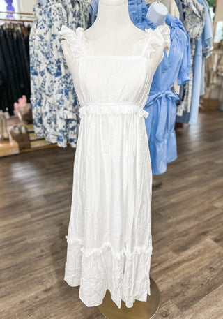 A Love Story White Ruffle Empire Midi Dress
