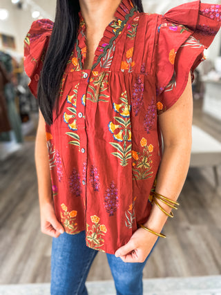 Brick Whimsy Blooms Button-Up Top