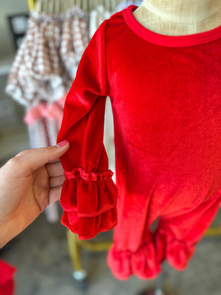 Red Velvet Ruffle Flared Romper