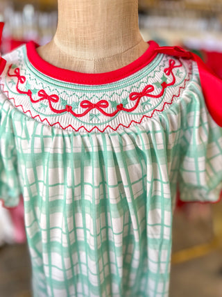 Christmas Girls Smocked Embroidery Green Plaid Dress