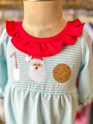Christmas Santa Candy Cane Cookie Embroidery Baby Girls Striped Romper