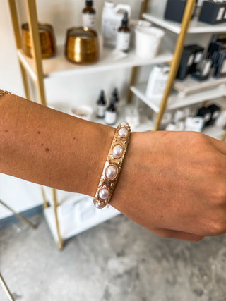 Gold Stretch Bangle W/ Oval Pearl Accents