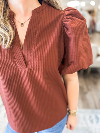 Rust Parker Puff Sleeve Textured Top