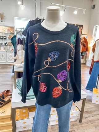 Light Up Christmas Night Black Cozy Sequin Sweater
