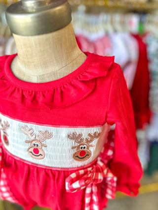 Rudolph Smocked Baby Girl Bubble