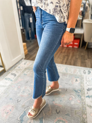 Alison DARK Wash Mid Rise Super Soft Crop Flare - VERVET