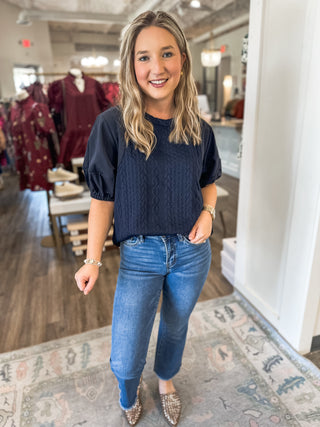 Navy Sweater Days Puff Sleeve Top