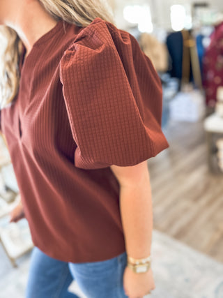 Rust Parker Puff Sleeve Textured Top
