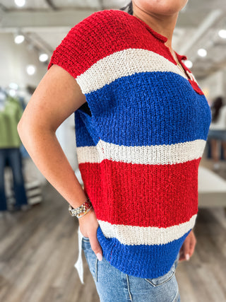 Red & Royal Blue Color Block Textured Crochet Sweater Top