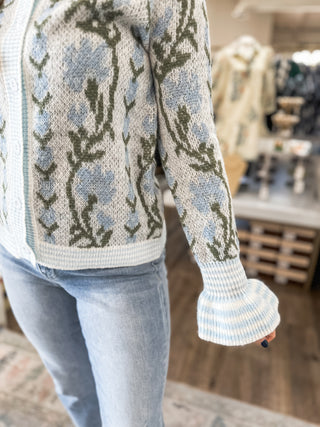 Light Blue Flowering Charm Button Up Sweater Cardigan