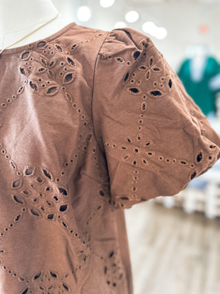 Brown Sweet Magnolia Eyelet Mini Dress