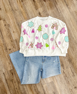 Pink Gingerbread House Family Tradition Sequin Sweatshirt