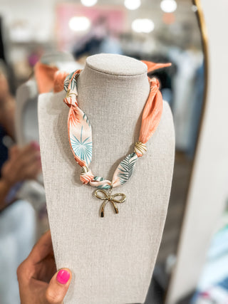Scarf Necklace Pink W/ Green Spring Accents W/ Gold Bow