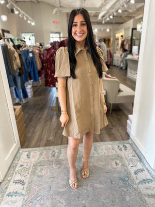 Taupe Charm Button Down Collared Dress