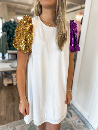 LSU Sequin Shoulder White Shift Dress