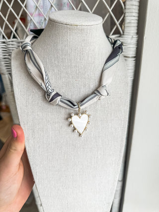 Grey & White Knotted Scarf W/ Pearlized Heart Charm Necklace