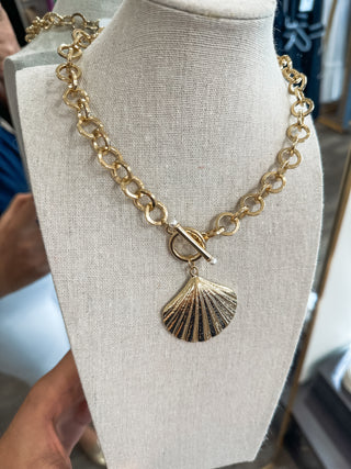Gold Open Circles W/ Gold Hammered Shell Charm 16"-18" Necklace