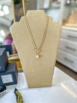Alyssa Matte Gold Presidential Chain W/ Toggle & Drop Pearl Necklace