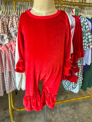 Red Velvet Ruffle Flared Romper