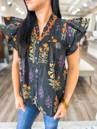 Black Whimsy Blooms Button-Up Top