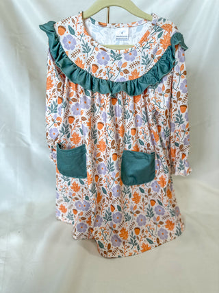 Green Floral Fall Print Pocket Dress