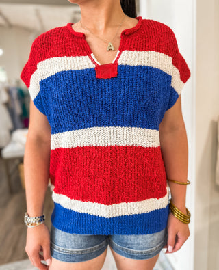 Red & Royal Blue Color Block Textured Crochet Sweater Top