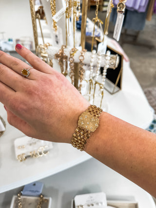 Thick Gold Watchband with Crystal Starburst Bracelet