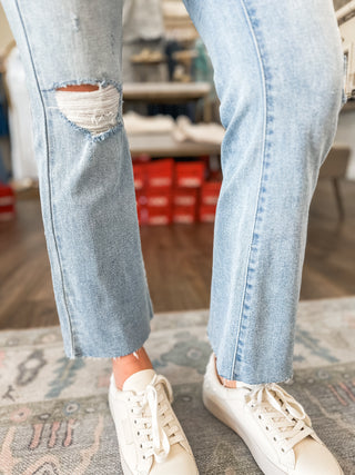 The Isla Light Wash Distressed High Rise Crop Flare Denim Jeans - CELLO