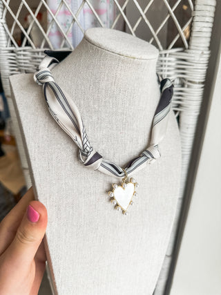 Grey & White Knotted Scarf W/ Pearlized Heart Charm Necklace