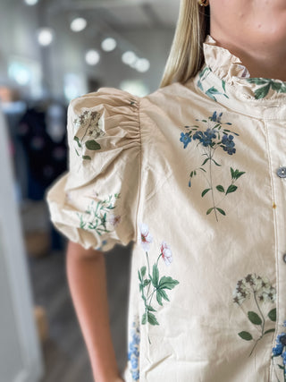 Ecru Garden Stroll Ruffle Neck Mini Dress