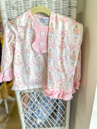 Pink Nutcracker & Bow Print Ruffle Pajama Set
