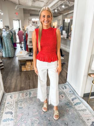 Red Smocking Detail Ruffle Hem Knit Tank Top