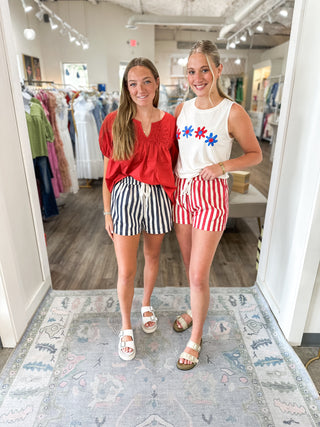 Red Stripe Twill Denim Shorts