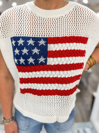 Ivory American Flag Open Stitch Sweater Top