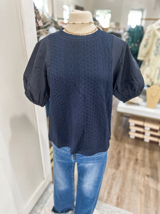 Navy Sweater Days Puff Sleeve Top