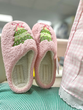 Twinkling Trees Pink Fuzzy Slippers
