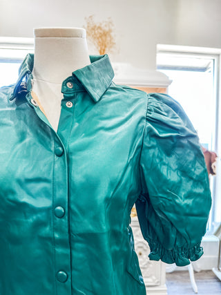 Hunter Green Puff Perfection Button Down Faux Leather Top