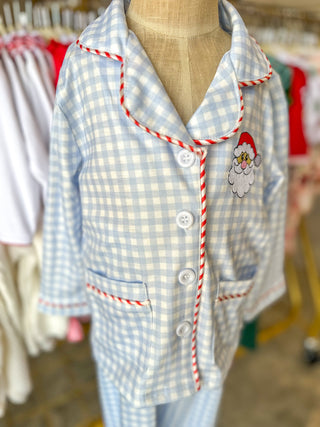 Blue Christmas Santa Embroidery Plaid Girls Pajama Set