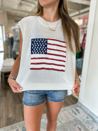 Off White Born In The USA Sequin Flag Sleeveless Knit Top