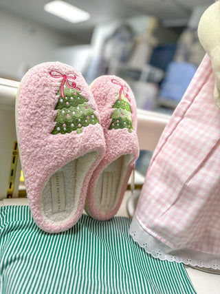 Twinkling Trees Pink Fuzzy Slippers