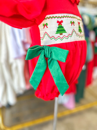 Christmas Smocked Girls Romper W/ Green Bow & Tree Embroidery