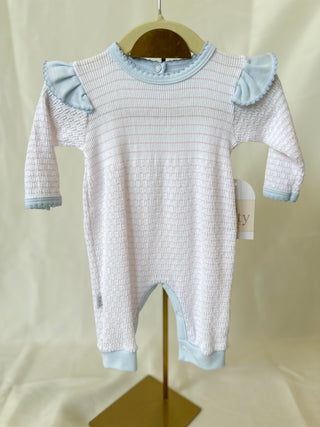 Paty Pal Pink w/ Blue Trim Pinstripe Angel Sleeve Romper