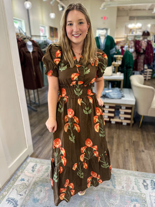 Brown Flora Midi Dress
