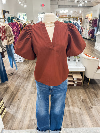 Rust Parker Puff Sleeve Textured Top