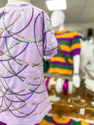 Children Mardi Gras Beads Please Sequin Luxe Puff Sleeve Dress