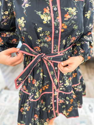 Black Autumn Rose Button Mini Dress