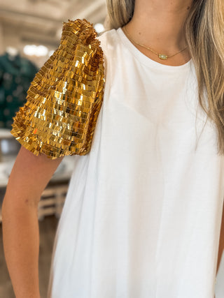 LSU Sequin Shoulder White Shift Dress