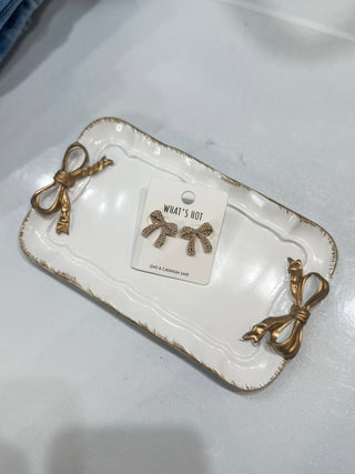 Gold Metal Bow Earrings W/ Pearl Accents .75"