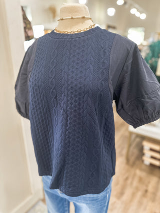 Navy Sweater Days Puff Sleeve Top